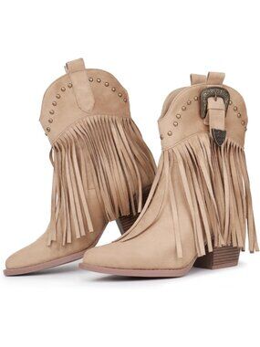 Women's Fringe Cowgirl Boots Snip Toe Khaki Pull On Dress Western Ankle Booties
